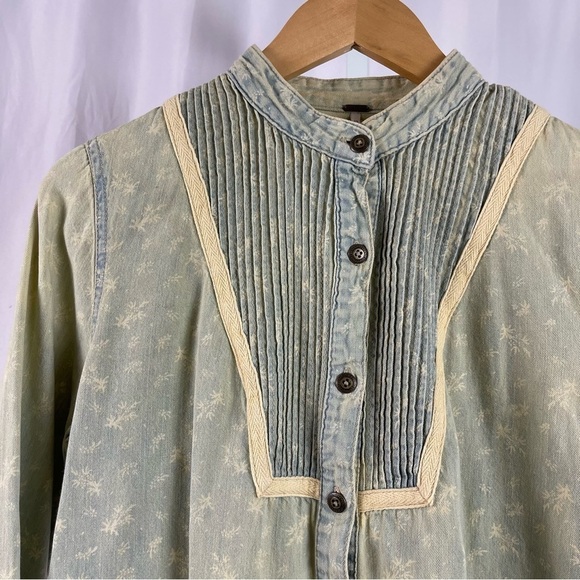Free People Small Hillside Chambray Denim Bibbed Pintuck Button-up Blouse Cabin - Picture 10 of 10